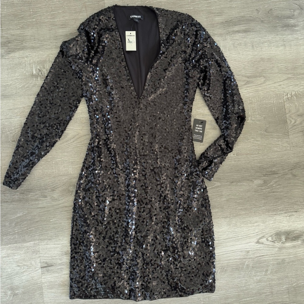 NWT Express Black Sequin Long Sleeve Dress